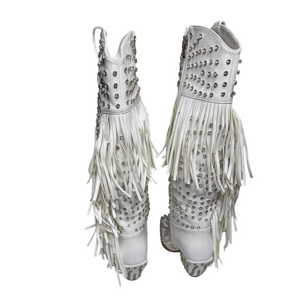 NWT Azalea Wang Bennett White Rhinestone Fringe Western Boots Glam Cowgirl - Picture 5 of 12